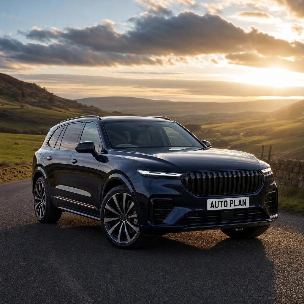 Dark navy luxury SUV on a UK country road